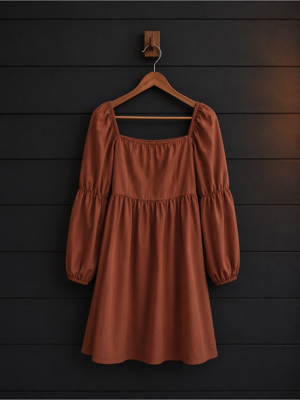Square Neck Long-Sleeve Mini Dress in Rust Brown